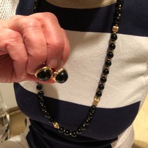 Vintage Onyx Bead14k Gold Necklace and Earring Set